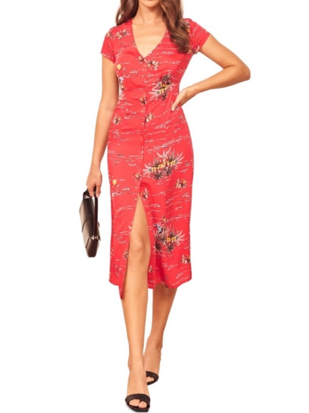 Reformation Denise Midi Dress Fuji Short Sleeve Red Tropical Hawaiian Retro M - Picture 11 of 11